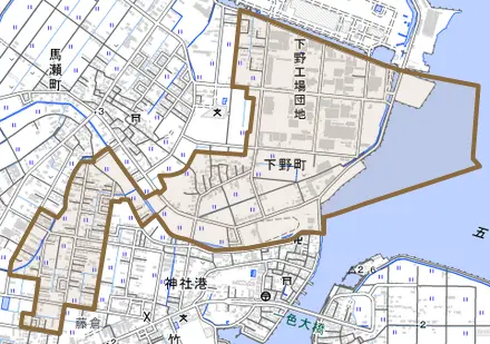 下野町とその周辺の地図。町の範囲を重ねている