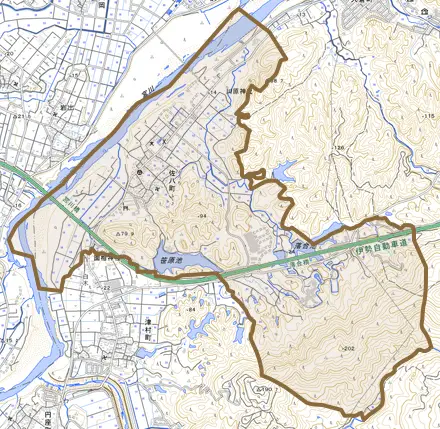 佐八町とその周辺の地図。町の範囲を重ねている
