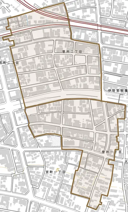 曽祢とその周辺の地図。町の範囲を重ねている