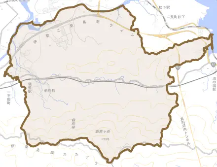 朝熊町とその周辺の地図。町の範囲を重ねている