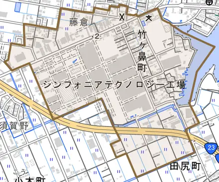 竹ケ鼻町とその周辺の地図。町の範囲を重ねている