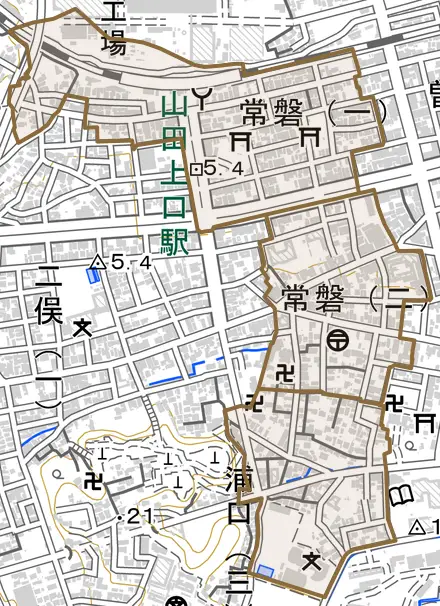 常磐とその周辺の地図。町の範囲を重ねている