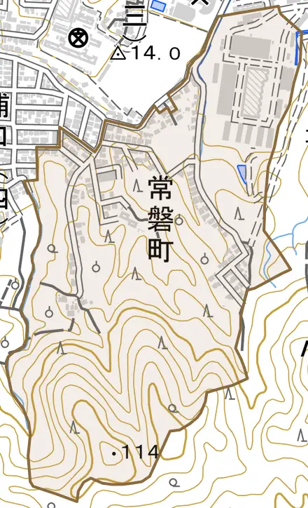 常磐町とその周辺の地図。町の範囲を重ねている