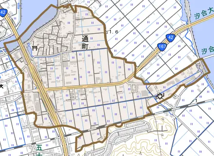 通町とその周辺の地図。町の範囲を重ねている