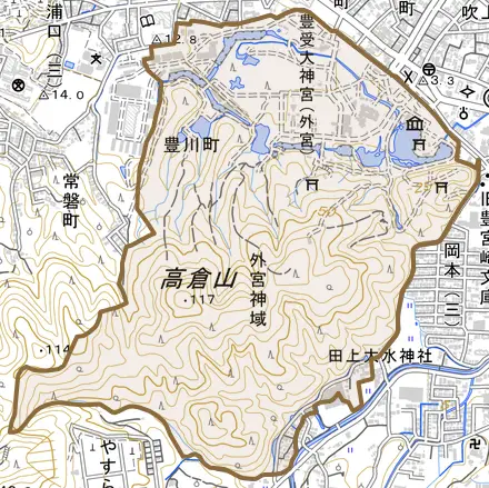豊川町とその周辺の地図。町の範囲を重ねている