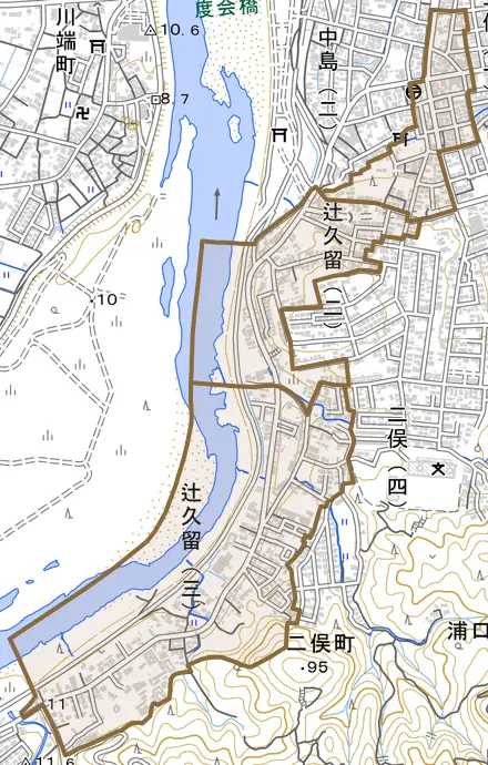 辻久留とその周辺の地図。町の範囲を重ねている