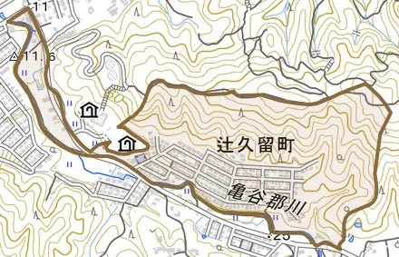 辻久留町とその周辺の地図。町の範囲を重ねている