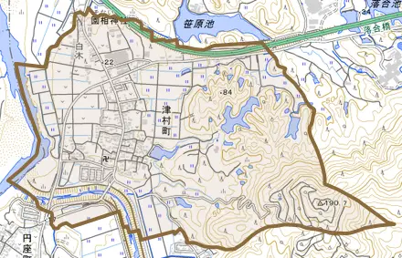 津村町とその周辺の地図。町の範囲を重ねている