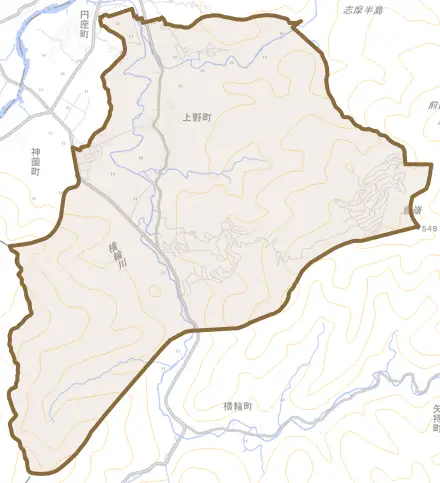 上野町とその周辺の地図。町の範囲を重ねている
