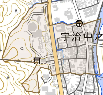 宇治中之切町とその周辺の地図。町の範囲を重ねている