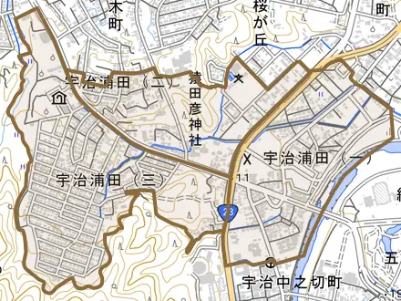 宇治浦田とその周辺の地図。町の範囲を重ねている