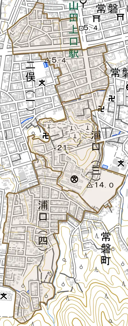 浦口とその周辺の地図。町の範囲を重ねている