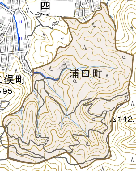浦口町とその周辺の地図。町の範囲を重ねている