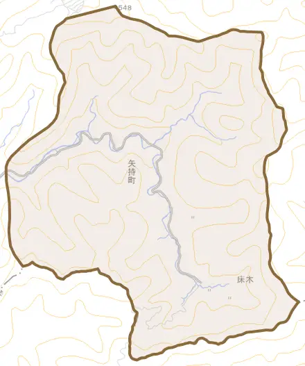矢持町とその周辺の地図。町の範囲を重ねている