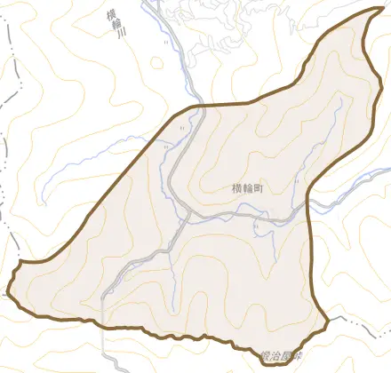 横輪町とその周辺の地図。町の範囲を重ねている