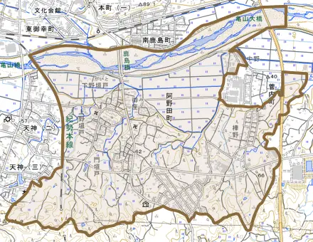 阿野田町とその周辺の地図。町の範囲を重ねている