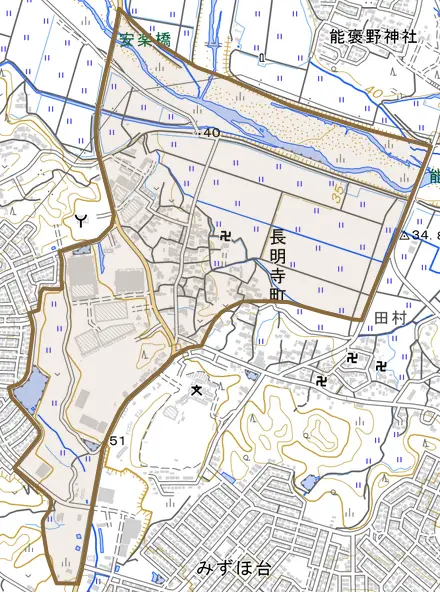 長明寺町とその周辺の地図。町の範囲を重ねている