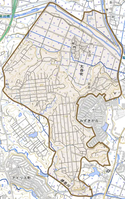 太森町とその周辺の地図。町の範囲を重ねている