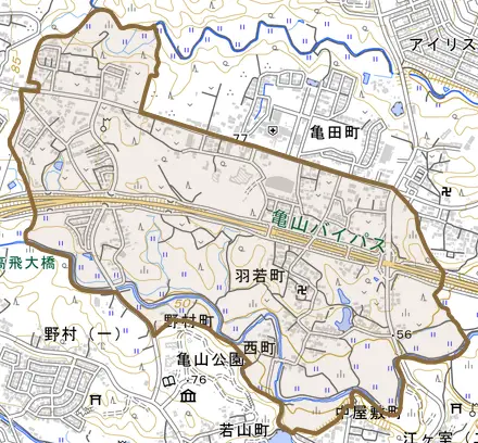 羽若町とその周辺の地図。町の範囲を重ねている