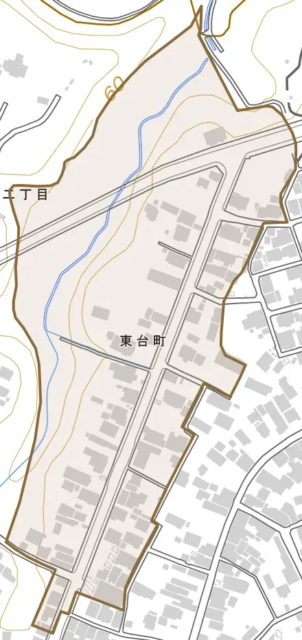 東台町とその周辺の地図。町の範囲を重ねている