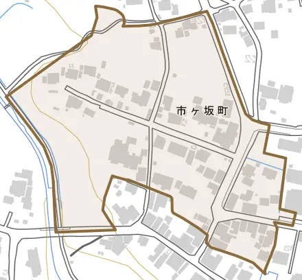 市ヶ坂町とその周辺の地図。町の範囲を重ねている