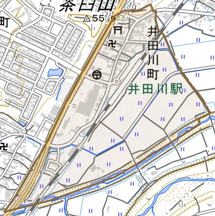 井田川町とその周辺の地図。町の範囲を重ねている