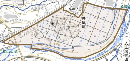 井尻町とその周辺の地図。町の範囲を重ねている