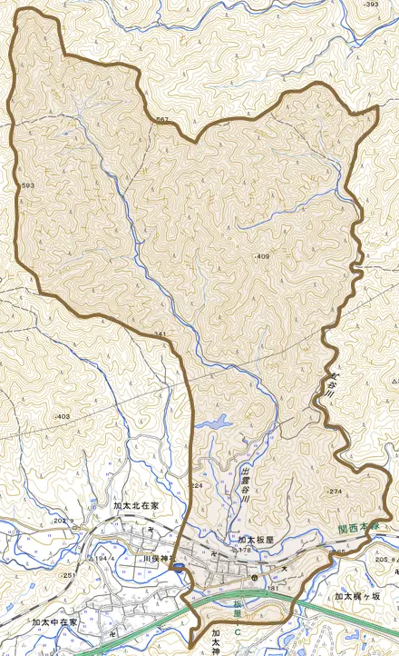 加太板屋とその周辺の地図。町の範囲を重ねている