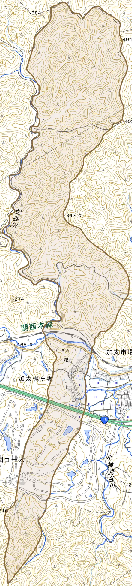 加太梶ヶ坂とその周辺の地図。町の範囲を重ねている