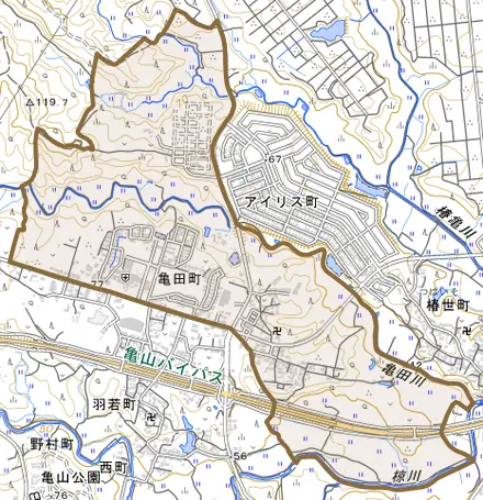 亀田町とその周辺の地図。町の範囲を重ねている