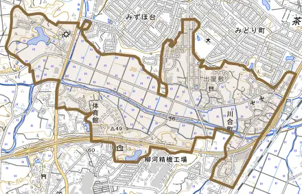 川合町とその周辺の地図。町の範囲を重ねている