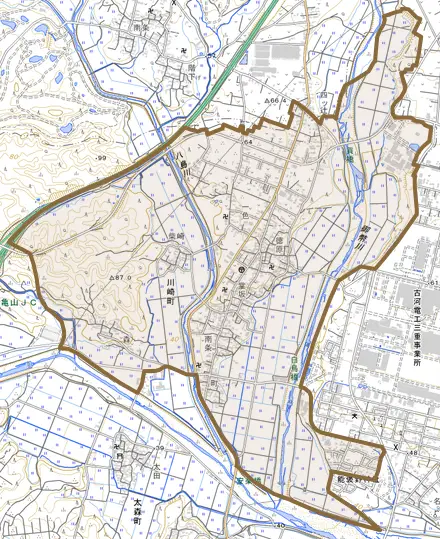 川崎町とその周辺の地図。町の範囲を重ねている
