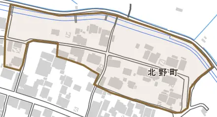 北野町とその周辺の地図。町の範囲を重ねている