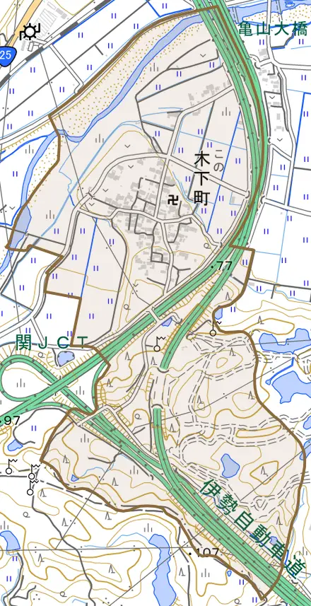 木下町とその周辺の地図。町の範囲を重ねている
