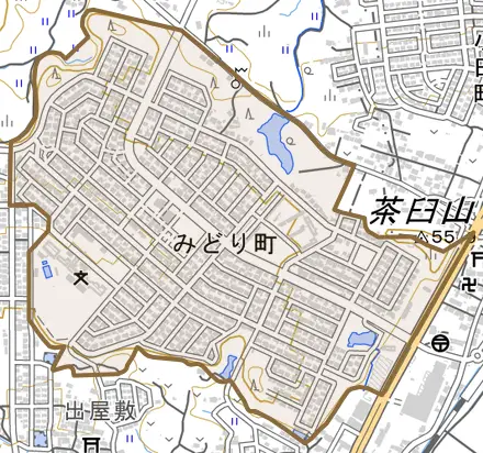 みどり町とその周辺の地図。町の範囲を重ねている