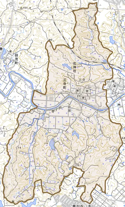 三寺町とその周辺の地図。町の範囲を重ねている