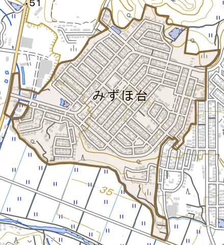みずほ台とその周辺の地図。町の範囲を重ねている