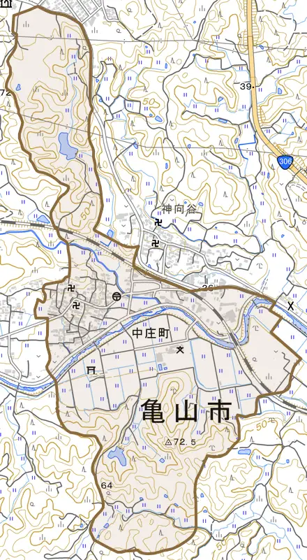 中庄町とその周辺の地図。町の範囲を重ねている