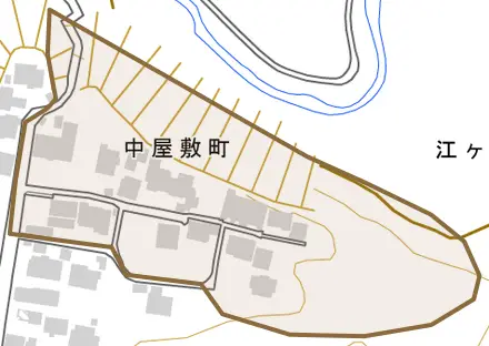 中屋敷町とその周辺の地図。町の範囲を重ねている