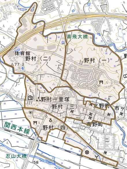 野村とその周辺の地図。町の範囲を重ねている