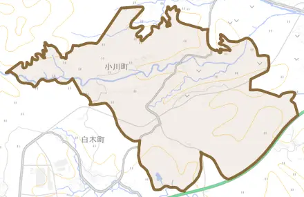小川町とその周辺の地図。町の範囲を重ねている