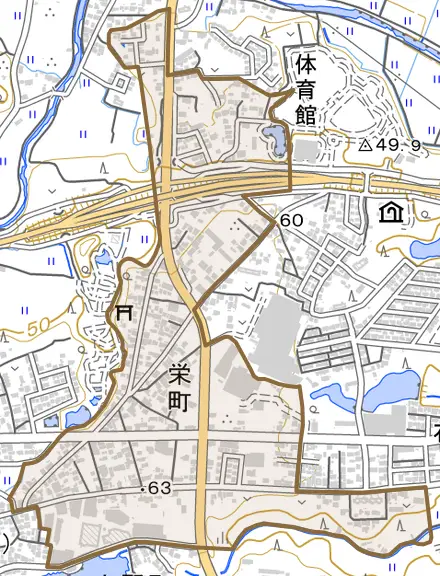 栄町とその周辺の地図。町の範囲を重ねている