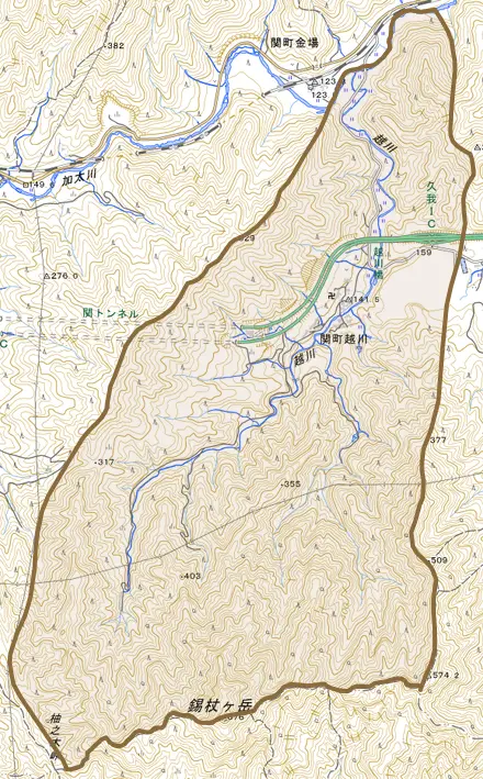 関町越川とその周辺の地図。町の範囲を重ねている