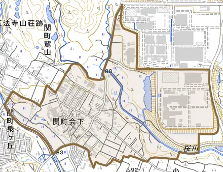 関町会下とその周辺の地図。町の範囲を重ねている