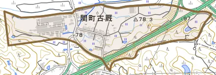 関町古厩とその周辺の地図。町の範囲を重ねている