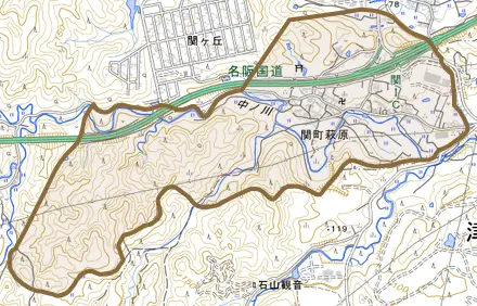 関町萩原とその周辺の地図。町の範囲を重ねている