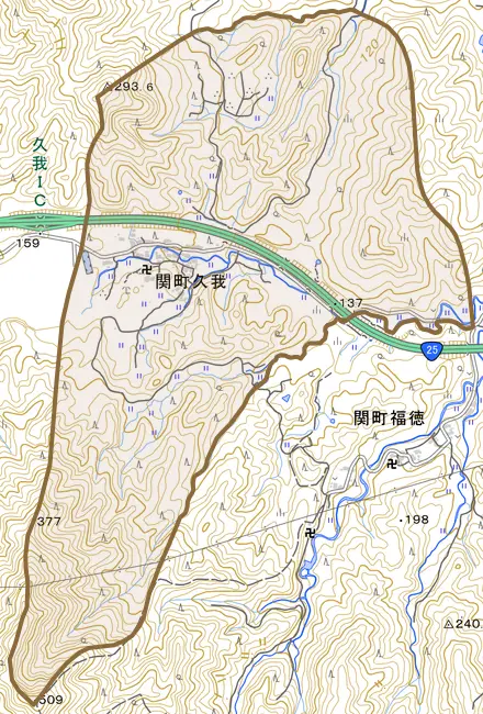 関町久我とその周辺の地図。町の範囲を重ねている