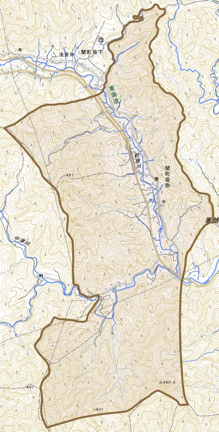 関町沓掛とその周辺の地図。町の範囲を重ねている