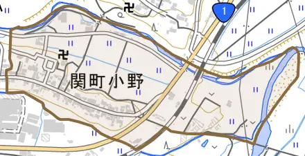関町小野とその周辺の地図。町の範囲を重ねている