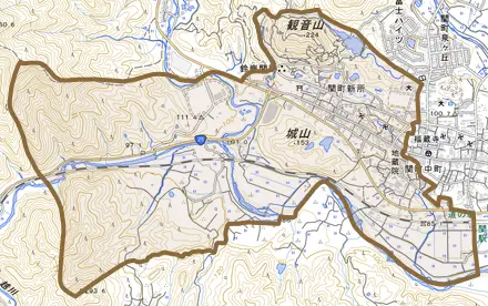 関町新所とその周辺の地図。町の範囲を重ねている